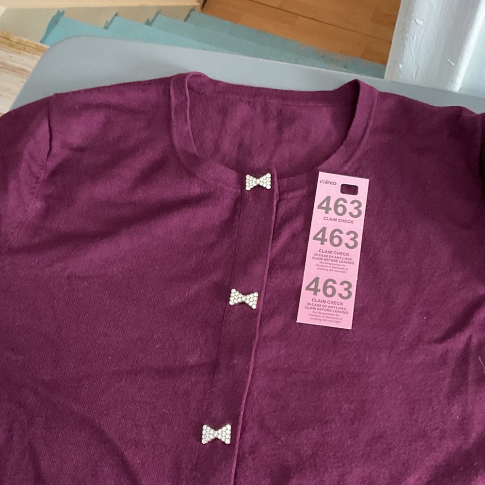 P463.  Plum Rhinestone Bow-Accent Cardigan - Picture 2 of 3